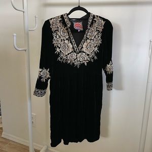 Johnny Was Black Crushed Velvet Embroidered Dress